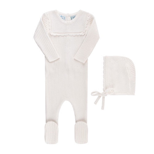 Scallop Trimmed Rib Knit Romper & Bonnet 3/6M