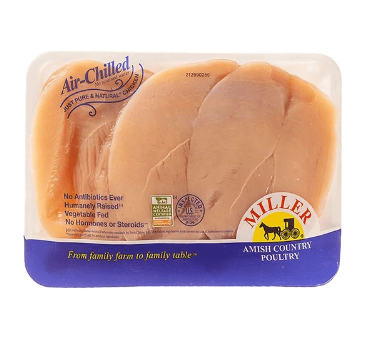 Miller Air Chilled Boneless Skinless Thin Cut Chicken Breast 'Thin & Fancy' - Case of 12 Retail Packages  (approx. 1 lb. each)  $90.00