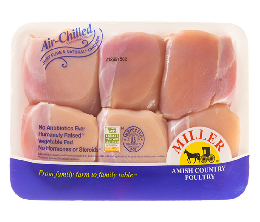 Miller Air Chilled Boneless Skinless Chicken Thighs - Case of 12 Retail Packages  (approx. 1 lb. each)  $90.00