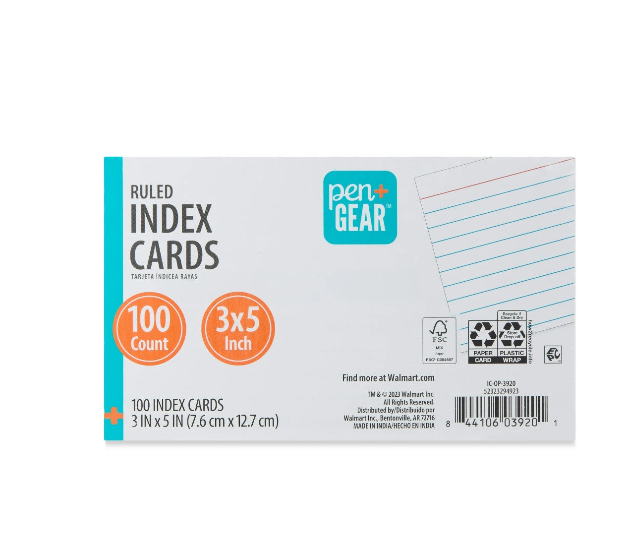 Pen+Gear Ruled Index Cards White 3" x 5" 100ct