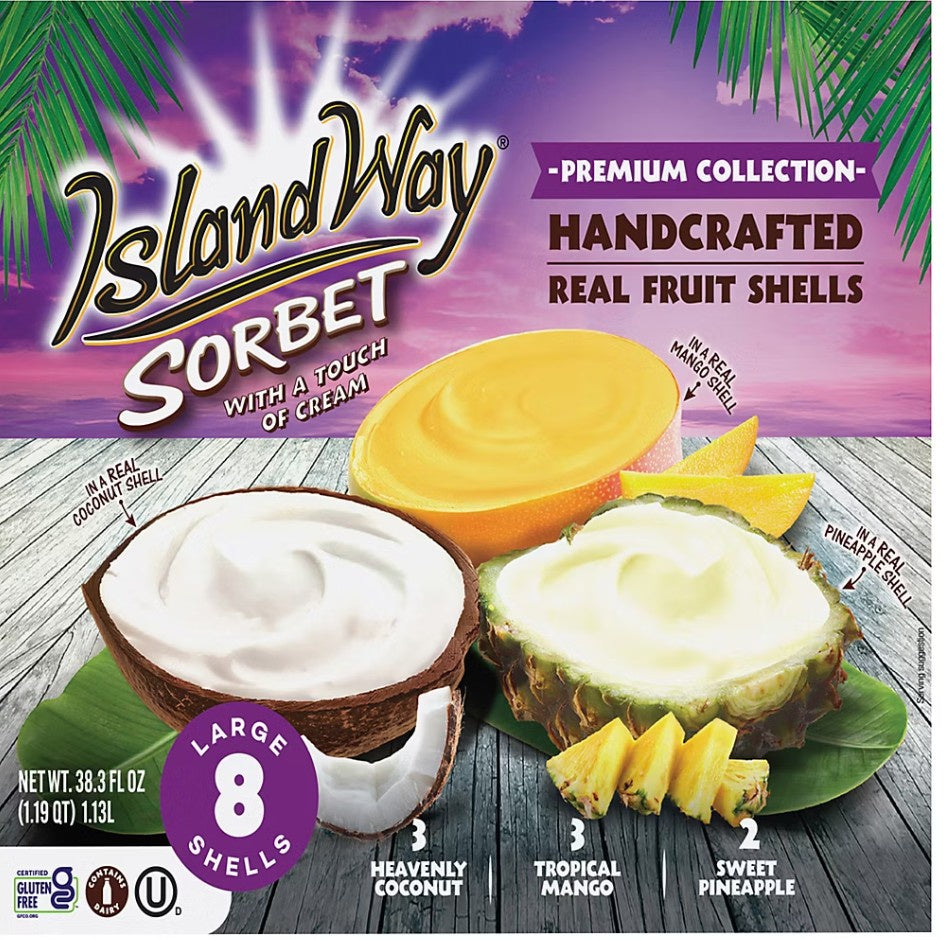Island Way Premium Collection Sorbet, Heavenly Coconut, Tropical Mango, Sweet Pineapple, 8 ct.