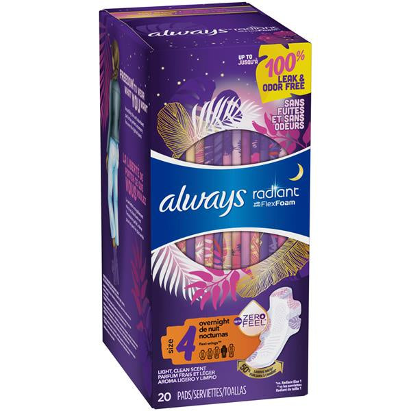 Always Pads Radiant Overnight With Wings Scented Size 4  20ct