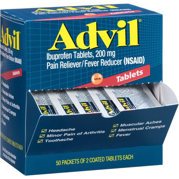 BIZ Advil Pain Reliever, Individually Sealed, 20mg Ibuprofen (50 packs of 2 tablets)