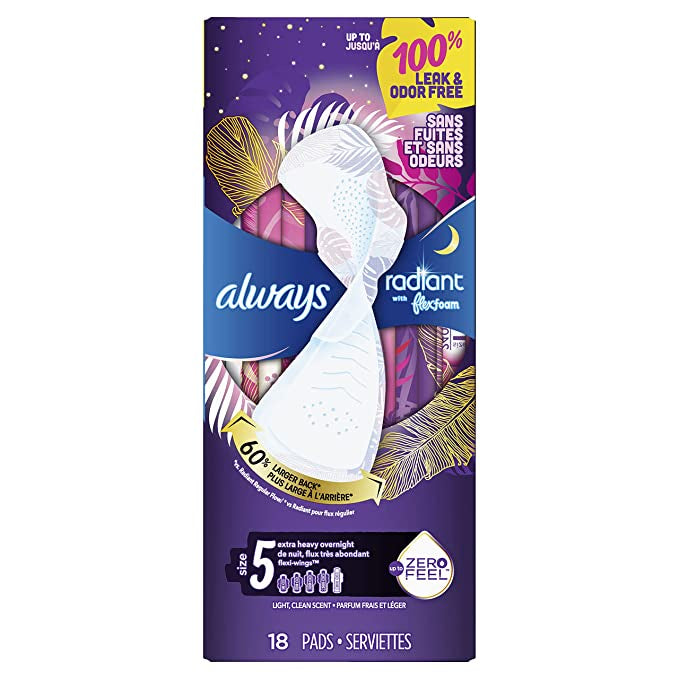 Always Radiant Size 5 Extra Heavy Overnight Scented Pads with Flexi-Wings 18ct