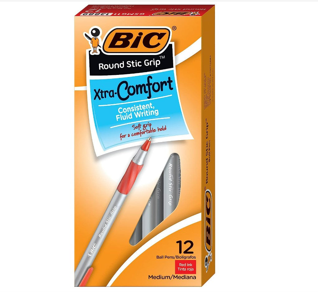 BIC Round Stic Grip Xtra Comfort Ballpoint Pen Medium Point Red 12ct