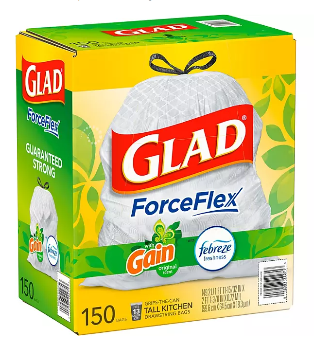 Glad ForceFlex Tall Kitchen Trash Bags Gain Frebreze Scent  13gal/150ct