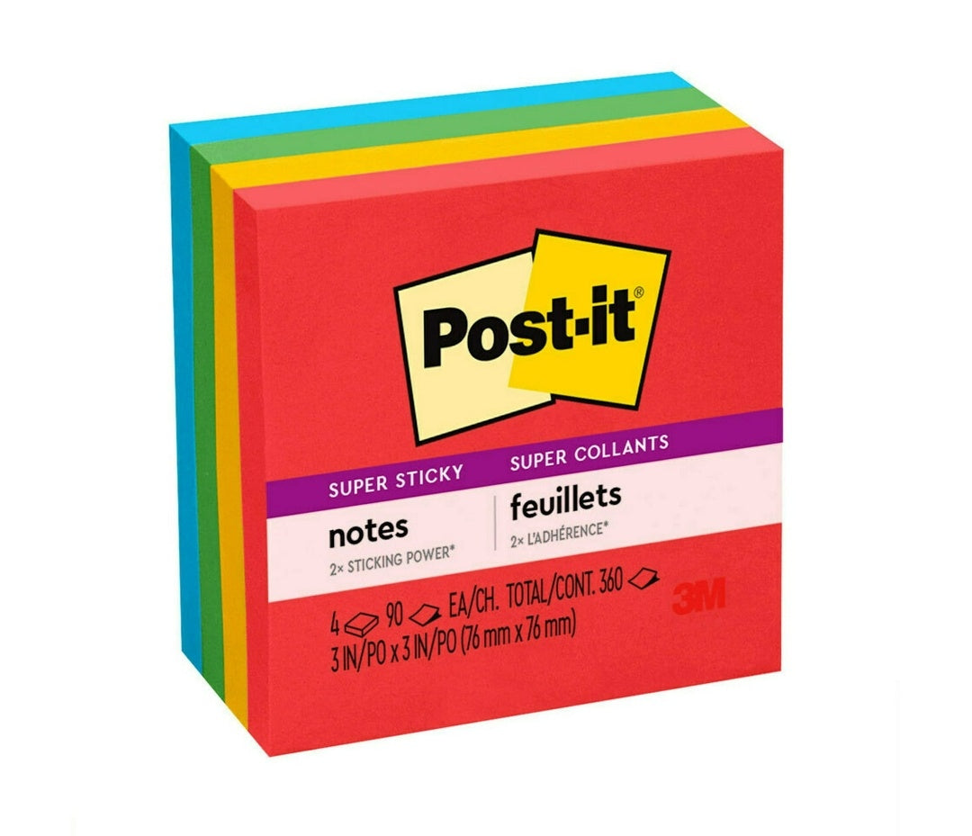 Post-it Super Sticky Notes Assorted Colors 3" x 3" 4pk