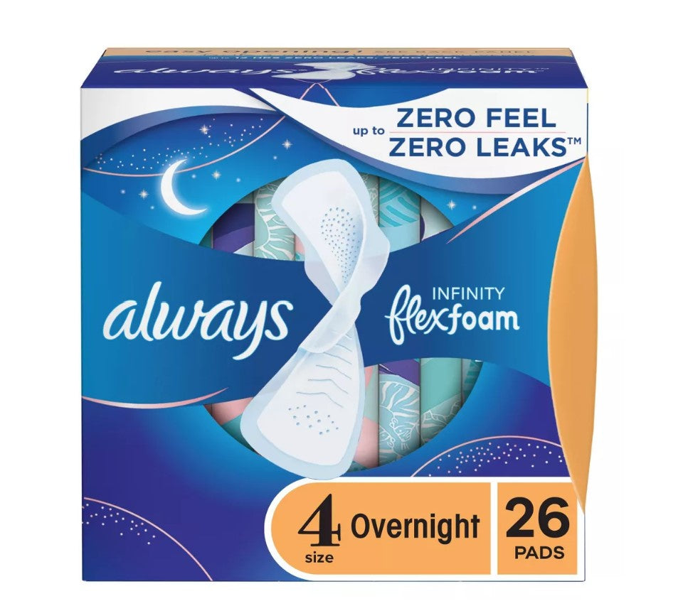 Always Infinity Size 4 Overnight Unscented Pads With Wings 26ct.