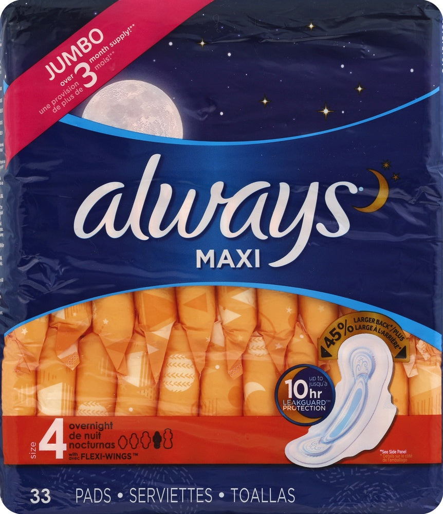 Always Maxi Pads Size 4 Overnight Unscented with Wings 33 ct