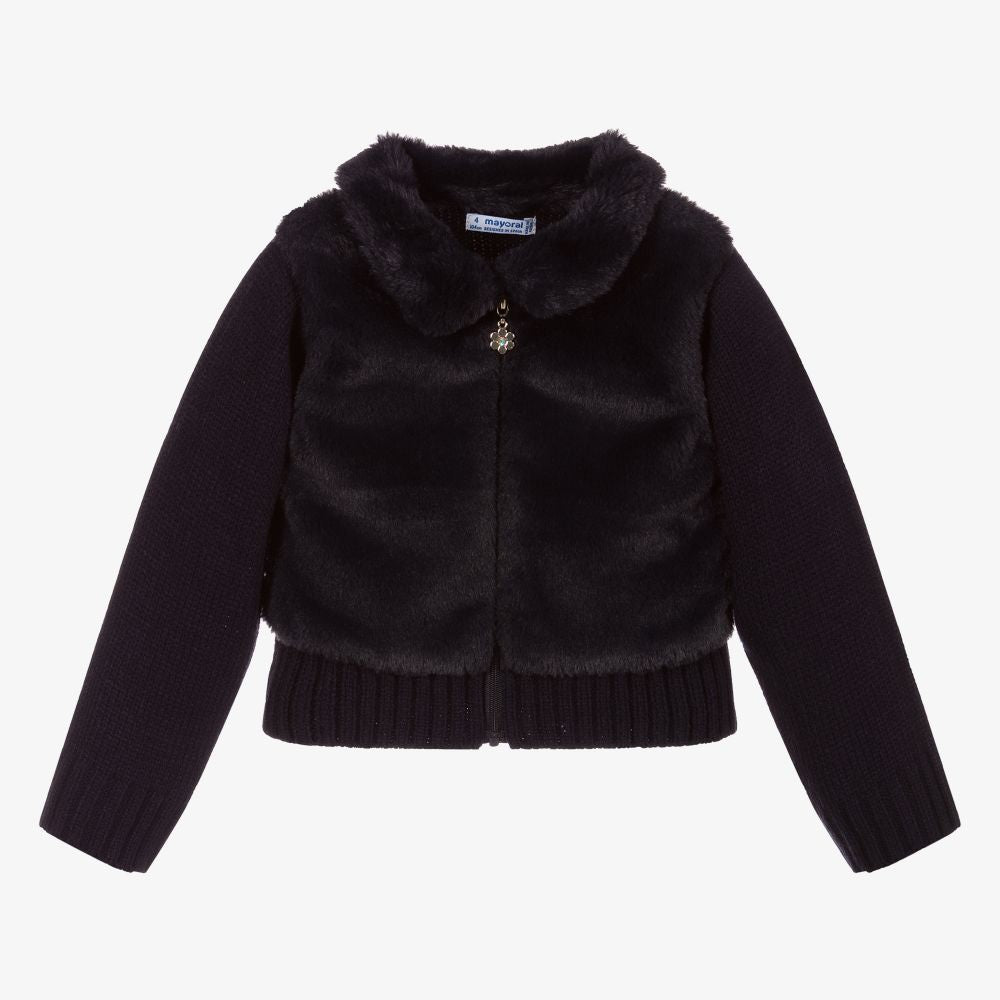 Mayoral Girls Navy Faux Fur Cardigan 3y