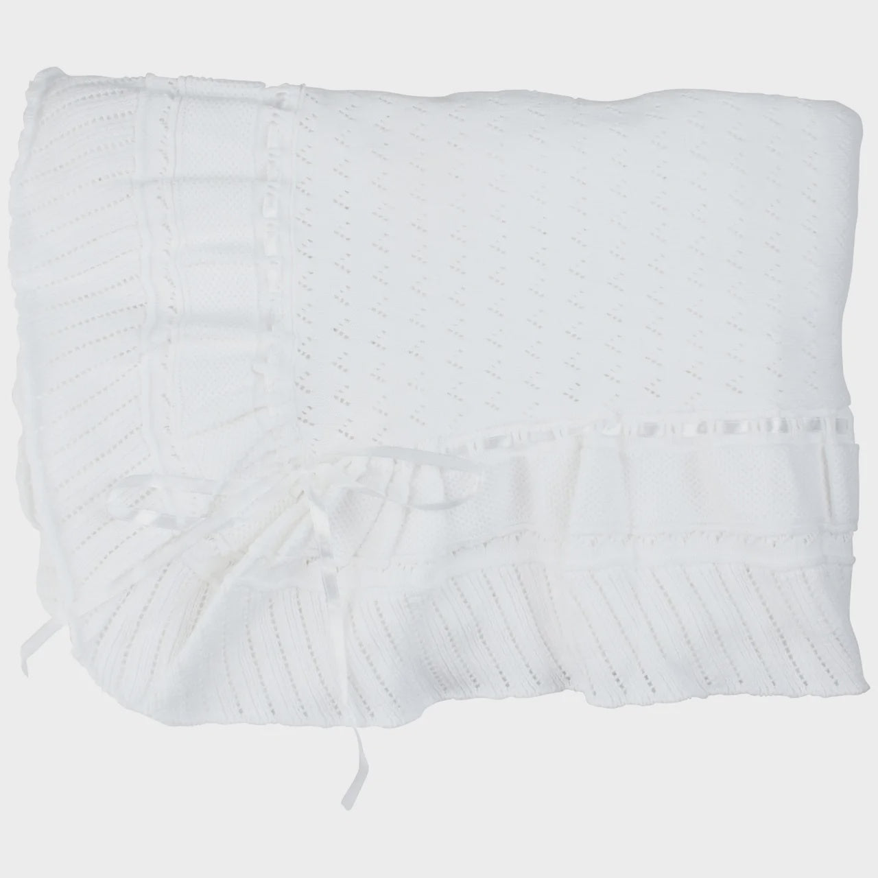 Feltman Brothers Pointelle White Knit Ruffle Blanket